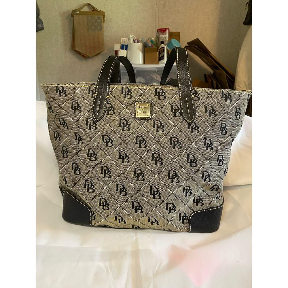 Vintage Dooney and Bourke Signature East West Shopper Tote Black Leather Canvas